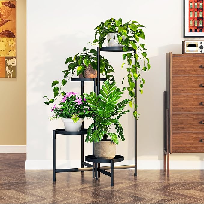 Plant Stand Indoor Outdoor, 4 Tier Corner Metal Flower Display Holder Shelf, Folding Tall Orchid Rack for Patio Balcony Porch Garden Living Room House, Black