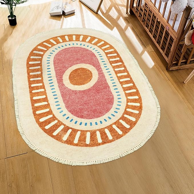 Lukinbox Sun Kids Rugs for Bedroom, 4x6 Boho Oval Washabl Area Rugs, Super Soft Non-Slip Colorful Circular Rainbow Rug for Kids Room Playroom Nursery Room Dinning Room Living Room