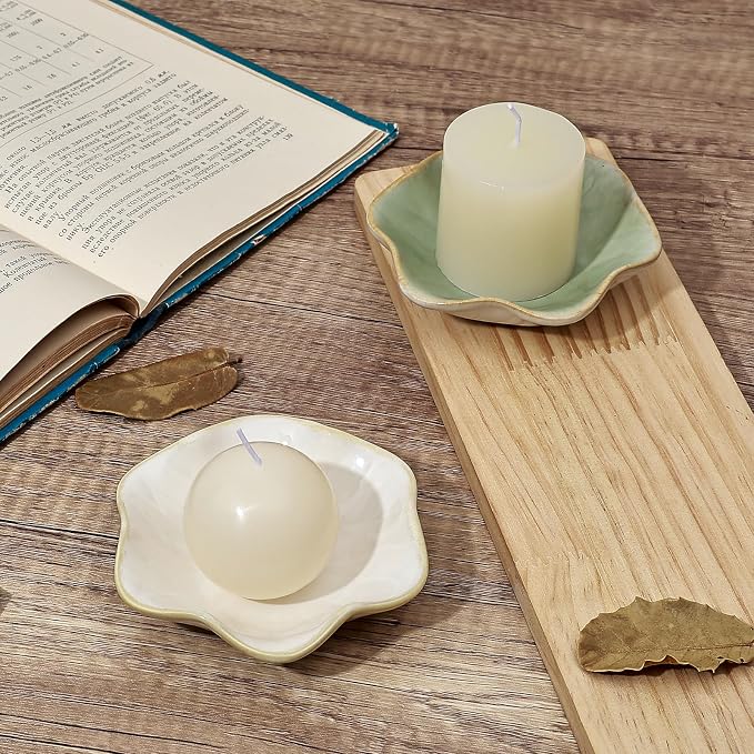 Koythin 2-Piece Ceramic Candle Holder, Aesthetics Candlestick Holders for Tea Lights, Lotus Leaf Shape Candle Stand for Mantle Table, Adorable Vintage Decor for Weddings Dining (Milky White)