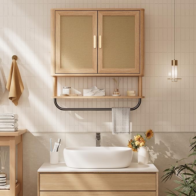 INNOD Rattan Bathroom Wall Cabinet with Towel Bar, Wall-Mounted Medicine Cabinet with Adjustable Wood Shelf & Doors, Over the Toilet Storage Cabinet for Laundry Room & Kitchen & Living Room
