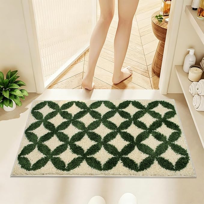 Civkor Green and Cream Bathroom Rug Washable, 24x16Inch Retro Bath Mat for Bathroom with TPR Non Slip Backing, Quick Dry Fluffy Microfiber Piles, Super Water Absorbent Thin Bath Rug Fit Under Door