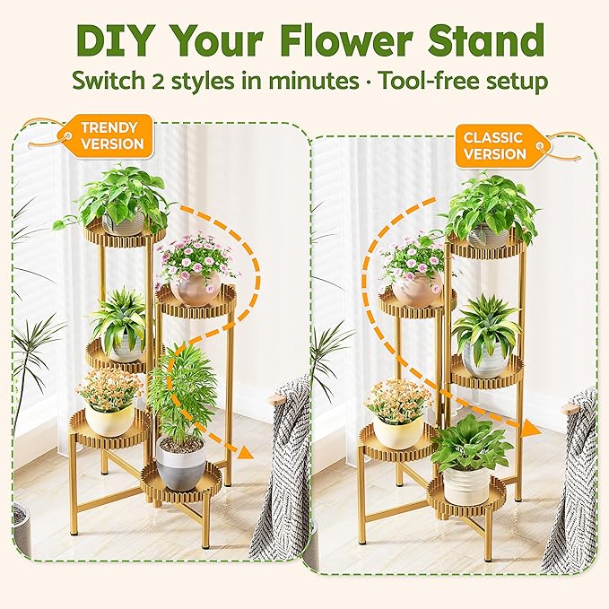 5 Tier Large Plant Stand Indoor, 7.9 Inch Wide Tall Corner Metal Plant Stands Outdoor for Multiple Plants, Foldable Tiered Flower Display Holder Rack Shelf for Patio Porch Balcony -GoldFloroma