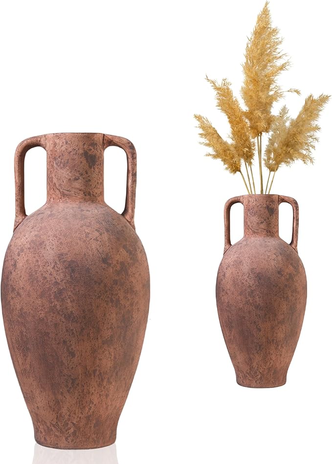 UPWOIGH 20.5in Tall Large Vintage Handles Ceramic Floor Vase, Antique Terracotta Pottery with Beige Speckles and Distressed Brown Markings, Rustic Farmhouse Living Room or Bedroom Decor, Gift 1 Pack