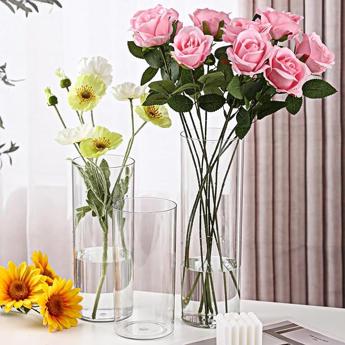 3 Packs Acrylic Cylinder Vases Clear Plastic Flower Vase for Plants Bouquet, Tall Large Plastic Vases Base Vase for Wedding Centerpieces Flower Bouquet Home Decor(8"+10"+12")