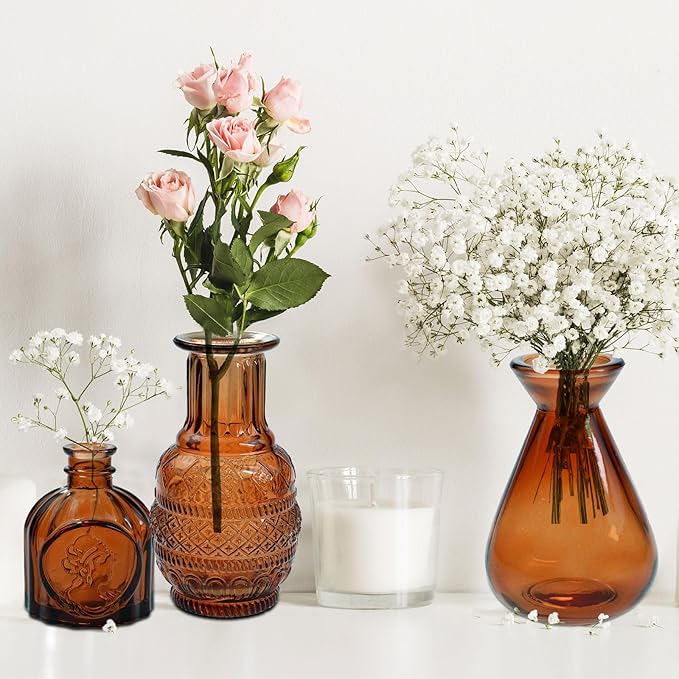 Amber Glass Bud Vases Set of 20,Small Flower Vases for Wedding Centerpieces,Mini Bud Vases in Bulk Amber Glass Vase for Table Decoration,Home Decor