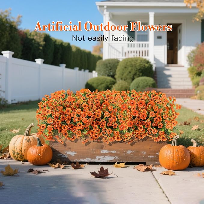 24 Bundles Fall Flowers Artificial for Halloween Decoration Outdoors, Fake Plants Autumn, Mums Daisy Eucalyptus Realistic UV Resistant for Garden Patio Porch Home Decor, Orange