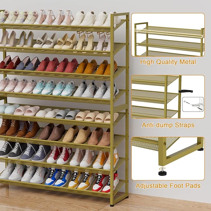 NEYCIL Large Shoe Rack 8 Tier Shoe Organizer, Heavy Duty Metal 4-Tier Stackable Shoe Storage Vertical Shoe Rack for Closet Front Door Entrance, Up to 50 Pairs, 44.8" W x 11.4" D x 56.7" H, Gold