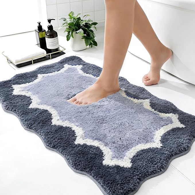 Scalloped Blue Bathroom Rugs Mat,Non Slip Absorbent Quick Dry Bath Mats for Shower Room,Plush Microfiber Bath Mats for Bathroom Floor Washable Carpet for Shower Tub Sink Bedroom,20"x32"