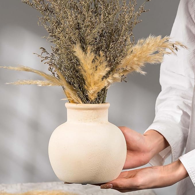 Ceramic Rustic Farmhouse Vase | 6 Inch Pottery Decorative Flower for Home Decor | Boho Vase | Terracotta for Table, Living Room, Bathroom Decoration, Shelf Decor, Mantel, White