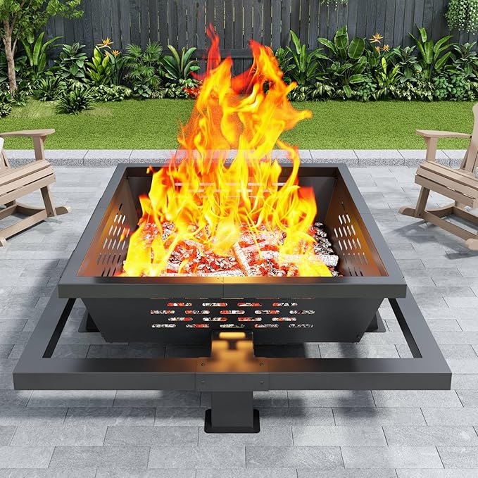 Auhilence 47" Large Fire Pit, Square Outdoor Fire Pit with Poker, Wood Burning FirePit for Camping, Backyard, Patio