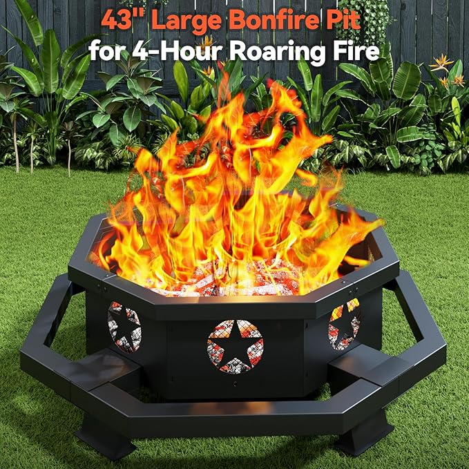 Auhilence 43 inch Large Fire Pit, Outdoor Fire Pit with Heavy Duty Construction, Wood Burning Fire Pits for Outside Octagonal Firepit for Camping, Backyard, Patio, Black