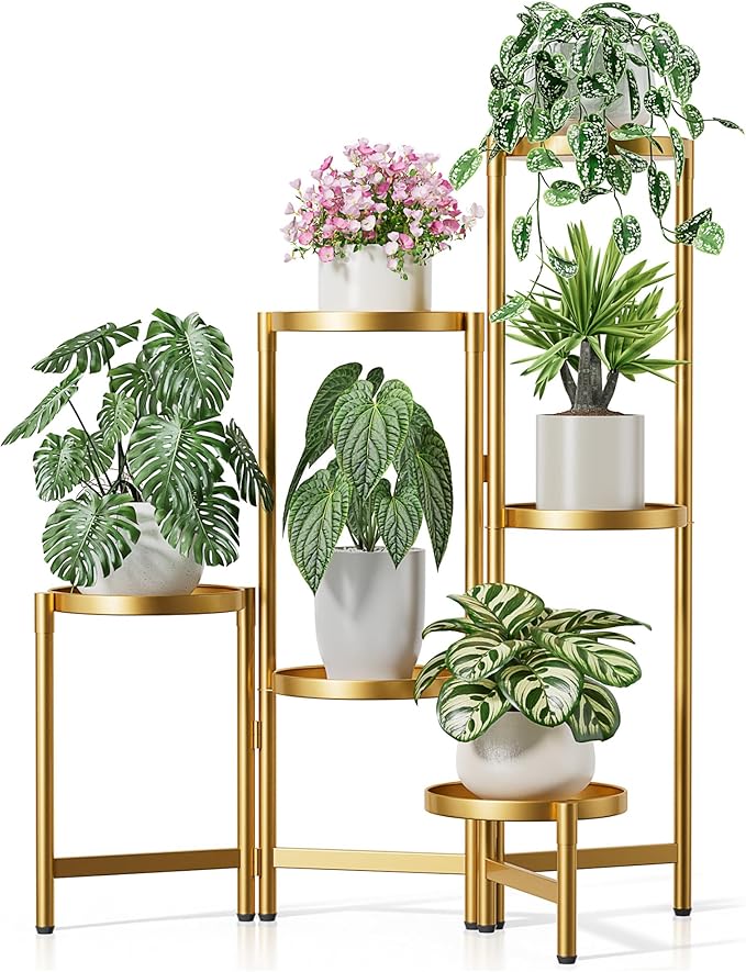 6 Tiered Plant Stand Indoor for Multiple Large Planter, Tall Heavy Duty Adjustable Folding Rack with Rustproof 7.9 Inch Wide Tray, Plant Shelf for Corner Living Room - GoldDisk