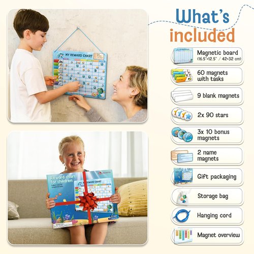 LIKARTO Magnetic Reward Chart for Kids - 280 Magnets for Behavior & Chores | Visual Schedule - Blue, Ages 3-9