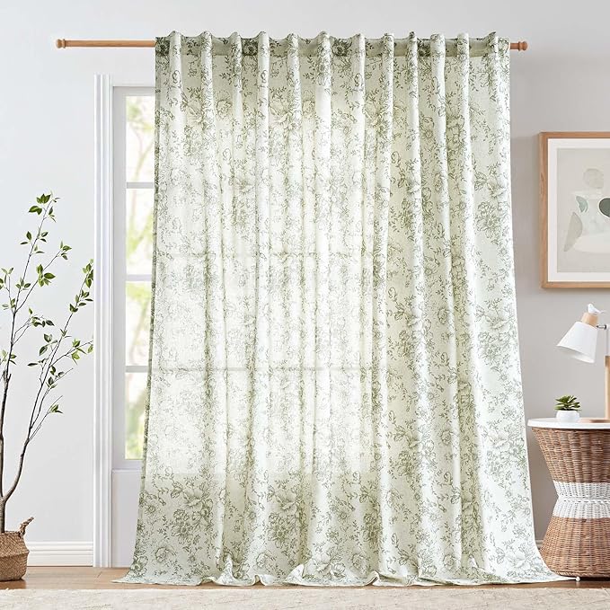 jinachan Linen Floral Curtains 100 Inch Extra Wide for Patio Sliding Glass Door Room Divider Curtain for Living Room 108 Inch Length Farmhouse Peony Christmas Green Printed Curtain Set 1 Panel