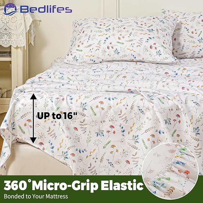 Bedlifes California King Floral 4-Piece Sheet Set - Cooling Sheets Blend Rayon Derived from Bamboo,Soft & Breathable, Deep Pocket 16", Wrinkle Resistant - Vibrant Boho Floral Design