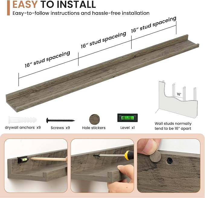 Dreamland Picture Ledge Shelf for Wall, Floating Shelves Set of 2,55 inch Long Floating Shelves with Lip for Living Room,Bedroom,Bathroom,Kitchen,Grey