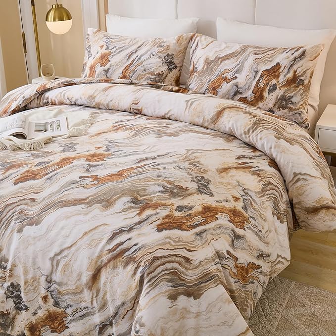 100% Cotton Comforter Set Queen Size 3 Pcs Taupe Marble Bedding Modern Simple Abstract Theme Soft Breathable