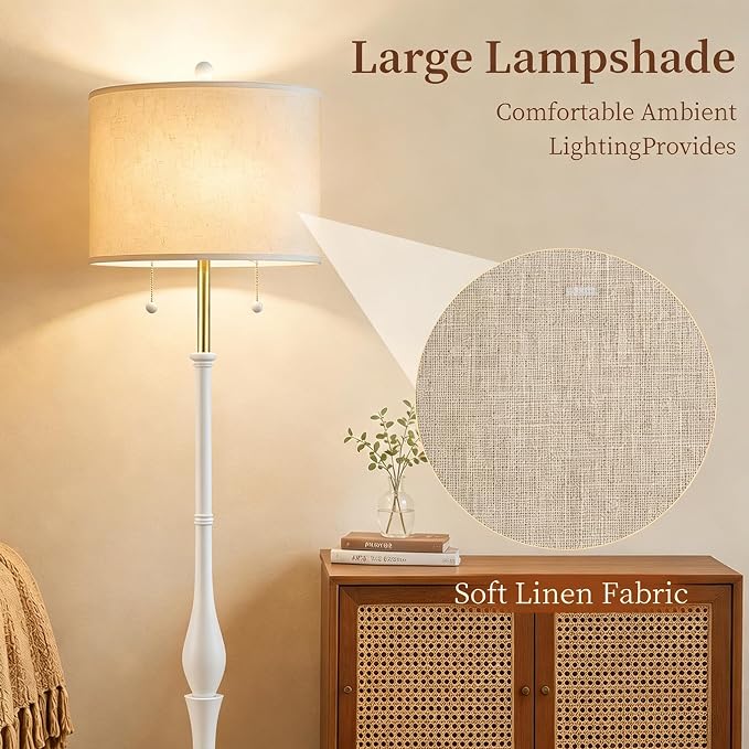 67.5'' Rustic Wooden Floor Lamp with Linen Shade, Farmhouse Floor Lamp for Living Room, Bedroom & Reading Nook, 3-Color Adjustable Tall Lamp with Pull Chain (White)