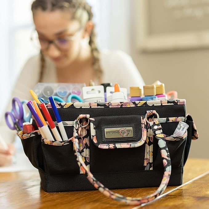 Everything Mary Deluxe Store & Tote Organizer – Black with Floral Trim Craft Caddy – Collapsible Storage Bag for Scrapbooking, Sewing, Art Supplies & DIY Craft Tools