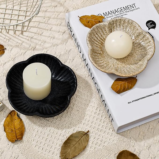 Koythin Ceramic Candlestick Holder for Pillar Candles, Floral Shape Candle Stand & Dish Bowl for Candlesticks, Incense, Decorative Ceramic Plate Tray for Table Centerpiece and Home Decor (Khaki)