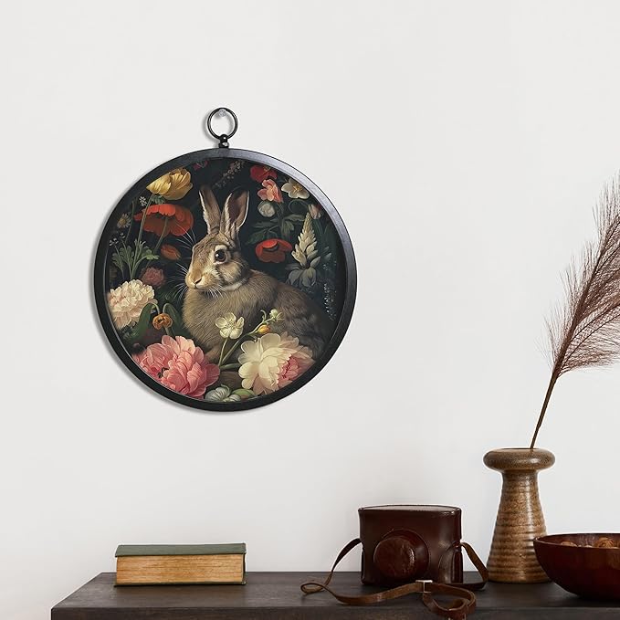 XIAOAIKA Vintage Wall Art with Metal Frame, Round Wood Print Featuring Rabbit Among Flowers, Boho Wall Decor for Living Room, Bedroom, Kitchen, Hallway, 10 Inch