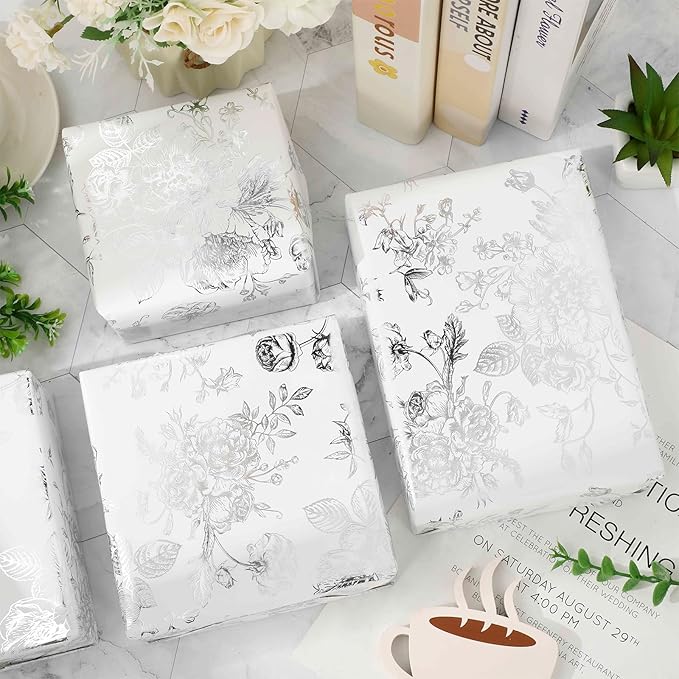 JarThenaAMCS Silver Foil Floral Wrapping Paper - Mini Roll - 17 Inch x 32.8 Ft Vintage Flower Gift Wrap Paper Decorative Art Paper for Spring DIY Crafts Supplies