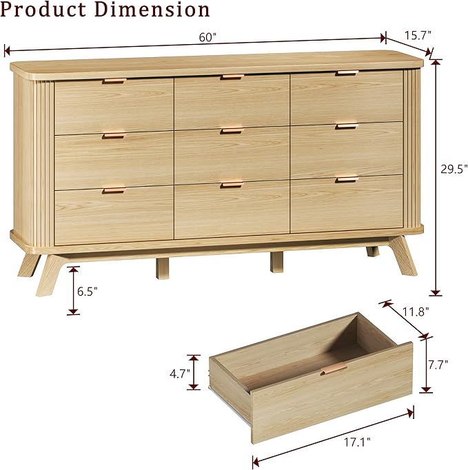 Fluted 9 Drawers Dresser for Bedroom, 60" Mid Century Modern & Chests of Drawers, Curved Profile Design, Dresser TV Stand, for Living Room, Entryway, Hallway, Oak