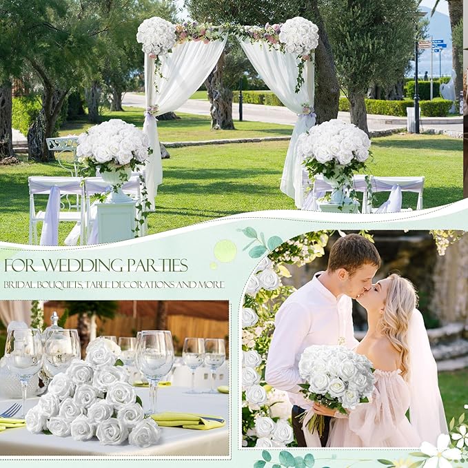 Jexine 50 Pcs Artificial Rose Flower Bulk Realistic Silk Fake Roses with Long Stem Plastic Artificial Flower Bouquet Real Looking for Home Wedding Centerpieces Party Decoration(Pure White)