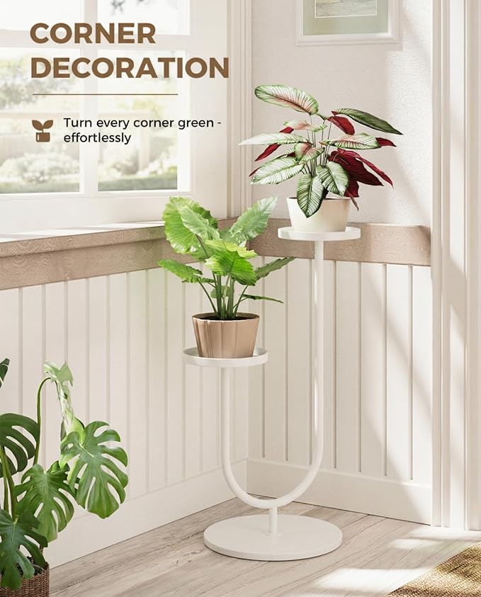 Bamworld Metal Plant Stand Indoor Corner Plant Stands 2 Tier Plant Shelf for Tall Plant Holder Black Plant Shelves for Living Room Bedroom Midcentury Modern Home Decor(White)