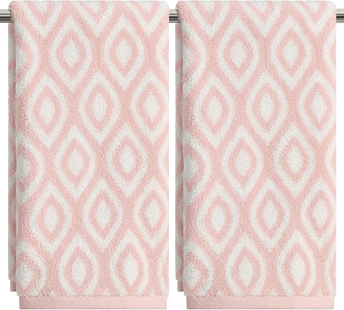 Artoid Mode 2 Pcs Beige Pink Diamond Grid Jacquard Hand Towels for Bathroom, 100% Cotton Soft Absorbent Bathroom Decor Towels, 13.7 x 29.5 Inch