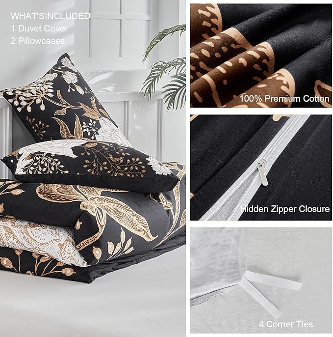 mixinni Black Floral Duvet Cover Twin XL Size, 3 Pieces Garden Style Botanical Flowers Leaves Bedding Set, Soft Cotton Reversible Farmhouse Boho Duvet Cover and 2 Pillowcases for All Season