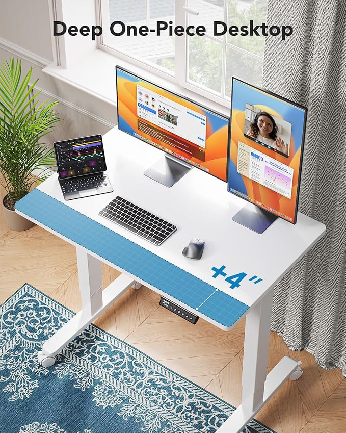HUANUO Electric Small Standing Desk, 35" x 24" Whole Piece Desktop, Adjustable Height Computer Desk, 4 Height Memory Settings, Sit Stand Up Desk for Home Office, White
