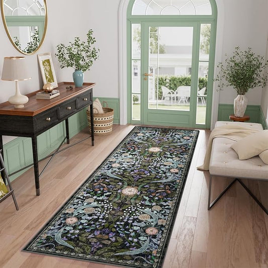 AMTOVO 2.7x8 Runner Rug for Hallway, Washable Non-Slip Long Kitchen Carpet, Floral Vintage Distressed Floor Mat for Hallways Entryway Living Room Laundry Room Bathroom Farmhouse, Black