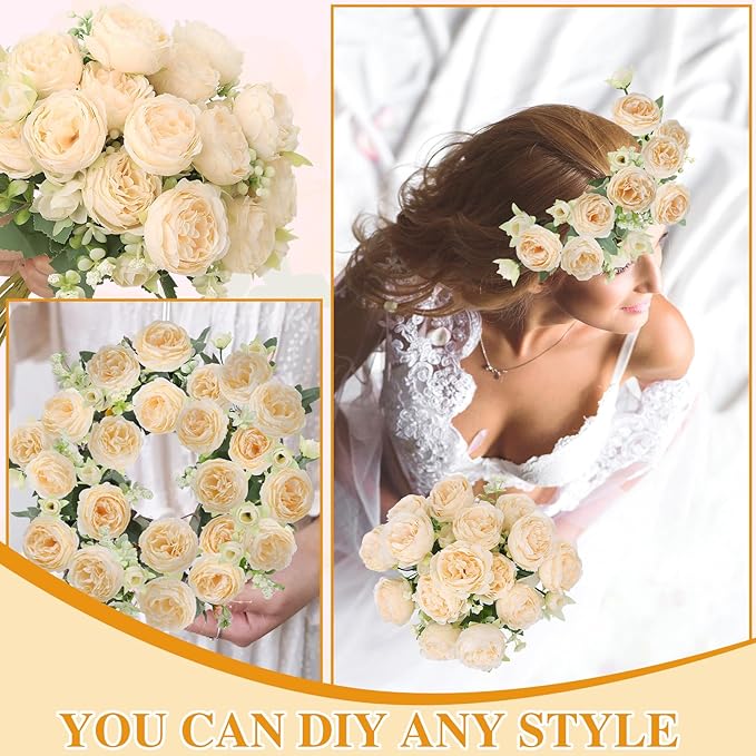 8 Pack Champagne Peonies Artificial Flowers, Cream Fake Silk Hydrangea Bouquet for Bridal Wedding Home Table Decor Reusable Dining Opening Ceremony Birthday Arrangement Faux Floral