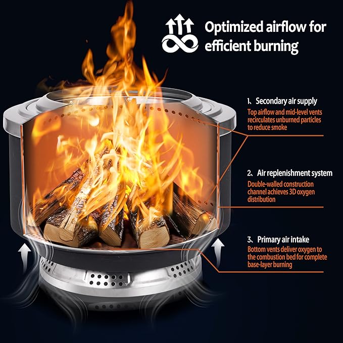 OuterMust 24 Inch Smokeless Fire Pit for Outside with Deck Safe Stand Wood Burning Outdoor Fireplace with Ash Pan for 5-7 Persons Stainless Steel Portable Bonfire for Patio, Deck, Backyard & Camping