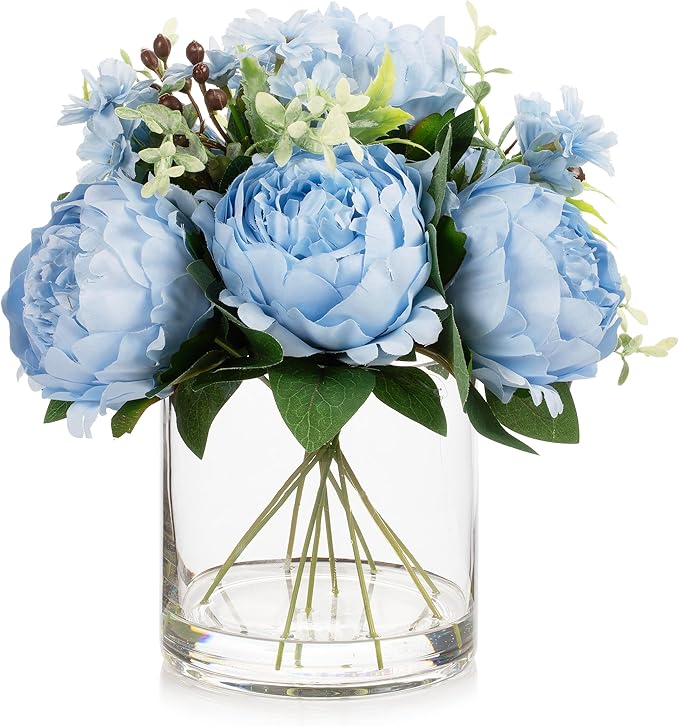 ENOVA FLORAL Artificial Flower Arrangement with Vase,Mixed Artificial Fake Silk Peony Flower in Vase for Decoration Home Office, Wedding Centerpiece (Blue01)