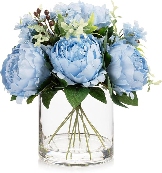 ENOVA FLORAL Artificial Flower Arrangement with Vase,Mixed Artificial Fake Silk Peony Flower in Vase for Decoration Home Office, Wedding Centerpiece (Blue01)