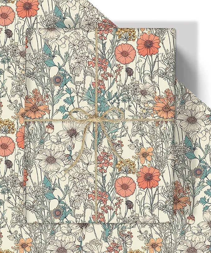 8 Sheets Vintage Wildflower Wrapping Paper - 19.7” x 27.6” Spring Floral Gift Wrap Paper for Girls, Women Birthdays, Baby Showers, Bridal Showers, Weddings, Valentine’s Day Party Celebrations