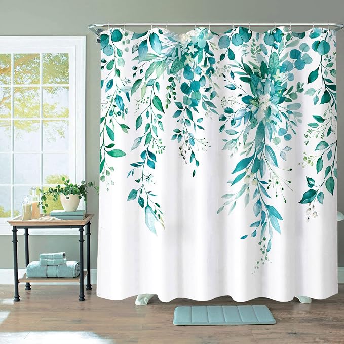 Teal Eucalyptus Shower Curtain Watercolor Floral Plant Leaf Shower Curtains for Bathroom Botanical Flower Waterproof Fabric Bath Curtain Decor with Hooks (Teal, 72'' x 72'')