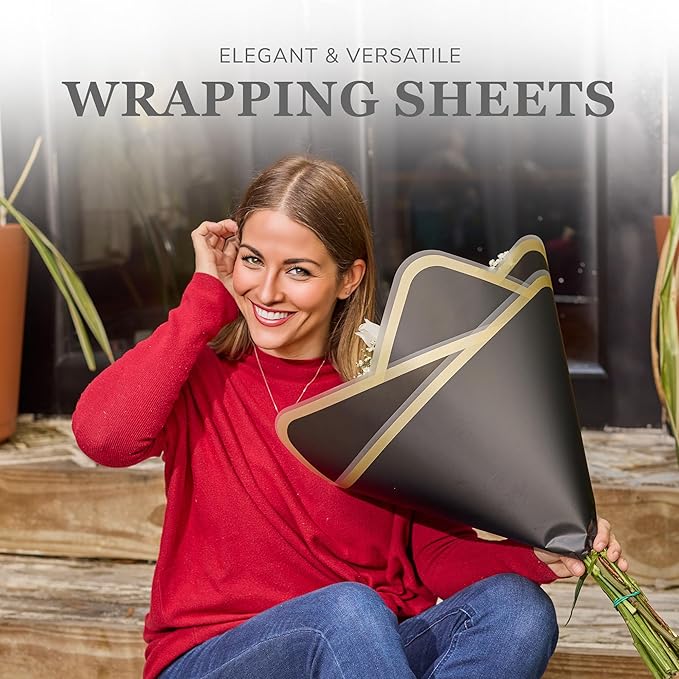the florist Supply 20 Sheets Premium Flower Wrapping Paper | Waterproof Flower Wrapping Paper for Bouquets | Double Sided Floral Bouquet Sheets | DIY Gifts Rocio Black/Gold