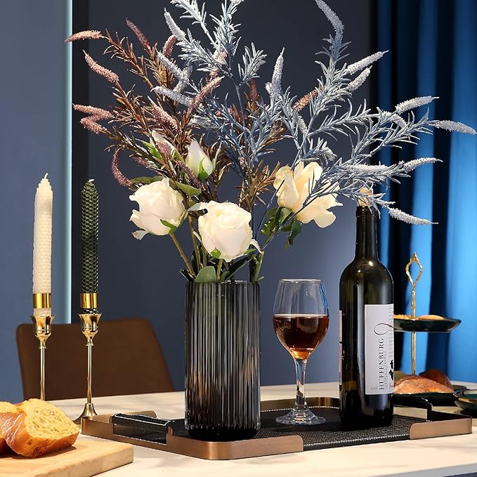 Small Cylinder Ribbed Brown Glass Flower Vase for Farmhouse Dining Table Centerpieces Decor
