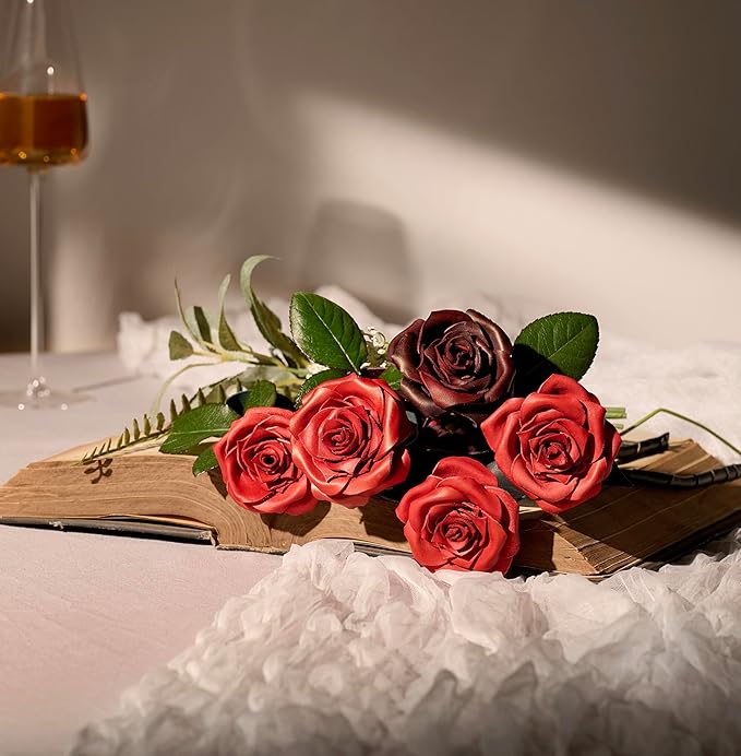 Handcrafted Genuine Leather Rose with Stem, Red, Gift Box Presentation, Lifelike Artisan Flower for 3rd Wedding Anniversary, Mother's Day (Dark Red)