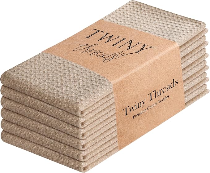 TWINY threads Kitchen Towel Waffle Weave, 6 Pack, 16x26 Inches, Premium Cotton Dish Rags, Absorbent Quick Drying Linen for Home and Restaurant Kitchens, Reusable Wash Cloths for Drying Dishes, Beige