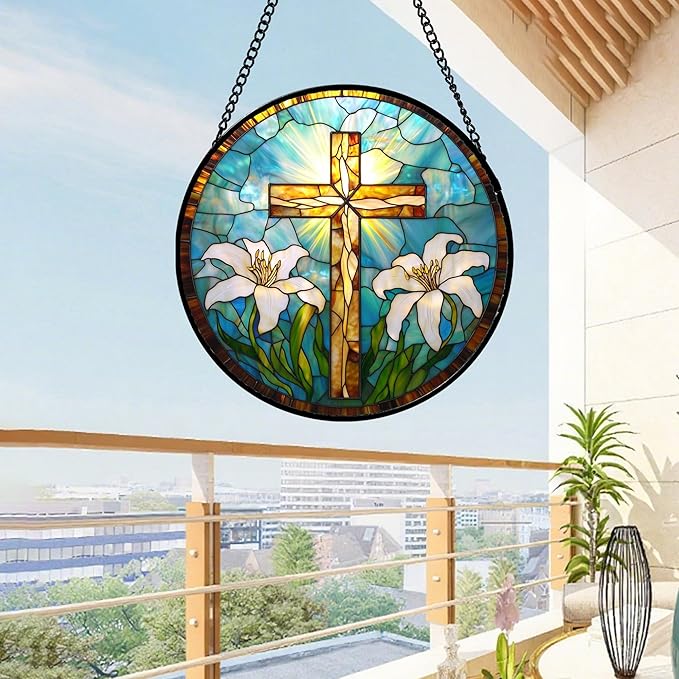 Christian Gifts for Women - Cross Stained Glass Window Hanging Jesus Easter White Lily Flower Sun Catcher Garden Religion Decor Mother's Day Catholic Gift for Men Grandma Mom Her Nana 9.8"