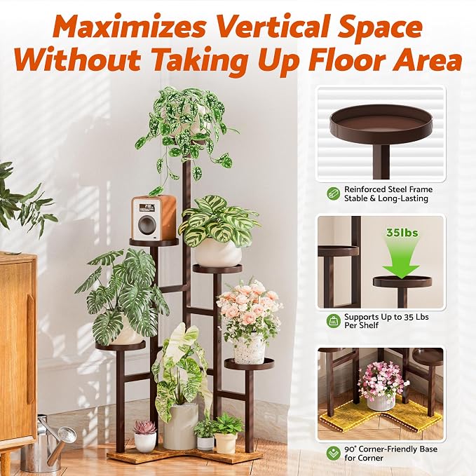 5 Tiered Corner Plant Stand with 7.1 Inch Wide Tray,Tall Plant Stand for Corner Indoor, Metal Plant Shelf Outdoor for Patio Office LivingRoom - BrownDisk