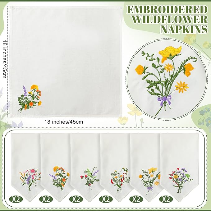 Tioncy 12 Pcs Christmas Floral Cloth Napkins Decorations Bulk Embroidered Wildflower Dinner Napkins Tea Cocktail Party Gifts Xmas Stocking Stuffers for Holiday Table Decor (White)