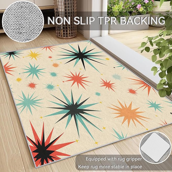 Retro Atomic Rug 6x9, Washable Mid Century Modern Rugs for Living Room Bedroom, Contemporary Geometric Area Rug for Home Decor, Non Slip Backing Floor Carpet with Gripper - 6 x 9 ft