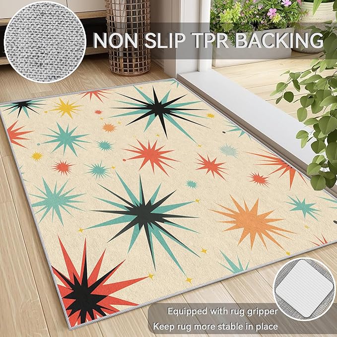 Retro Atomic Rug 6x8, Washable Mid Century Modern Rugs for Living Room Bedroom, Contemporary Geometric Area Rug for Home Decor, Non Slip Backing Floor Carpet with Gripper - 6 x 8 ft
