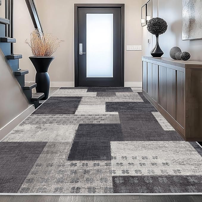 Modern Geometric Patchwork Indoor Area Rug for Living Room, Charcoal 5'x 7' Large Rug Rockwood Collection Hardwood Floors Decor for Bedroom, Grey Throw Carpet for Office Entryway Dining Room