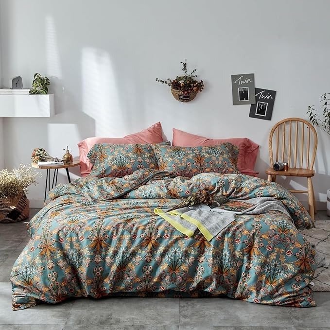 LifeTB Vintage Floral Bohemia Duvet Cover Twin XL Boho Floral Bedding Set Luxury Soft Long Staple Cotton Comforter Cover Vibrant Flower Pattern Duvet Cover with Zipper Closure Farmhouse Bedding Set